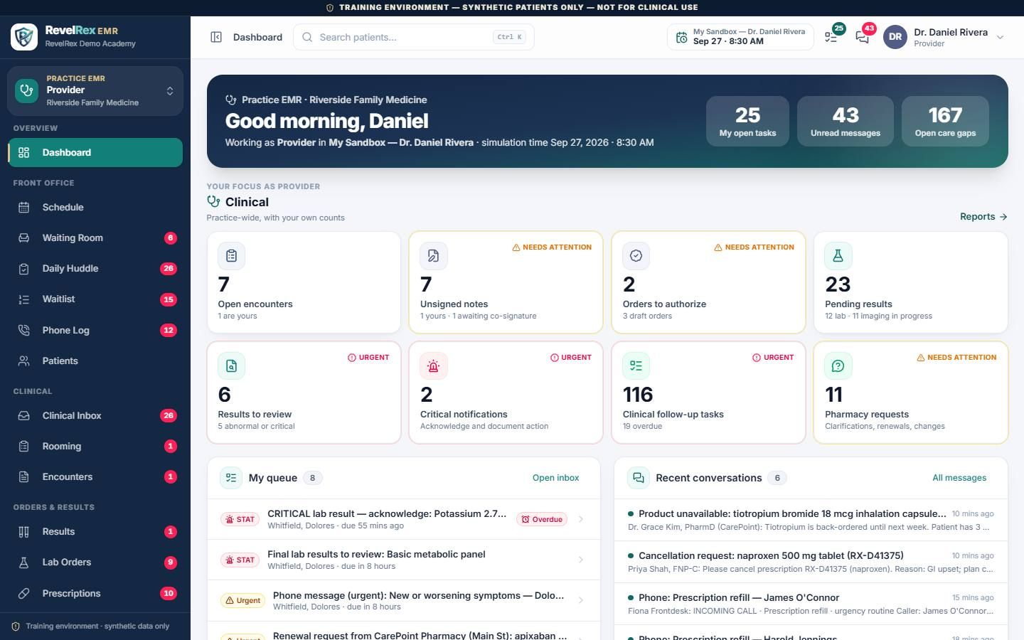 Revelrex EHR provider dashboard with today's schedule, open encounters and inbox, using synthetic patients